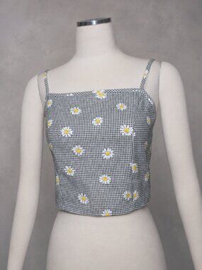 Vintage 90s Black White Gingham Daisy Crop Tank Top Small Made in USA Grunge Y2K